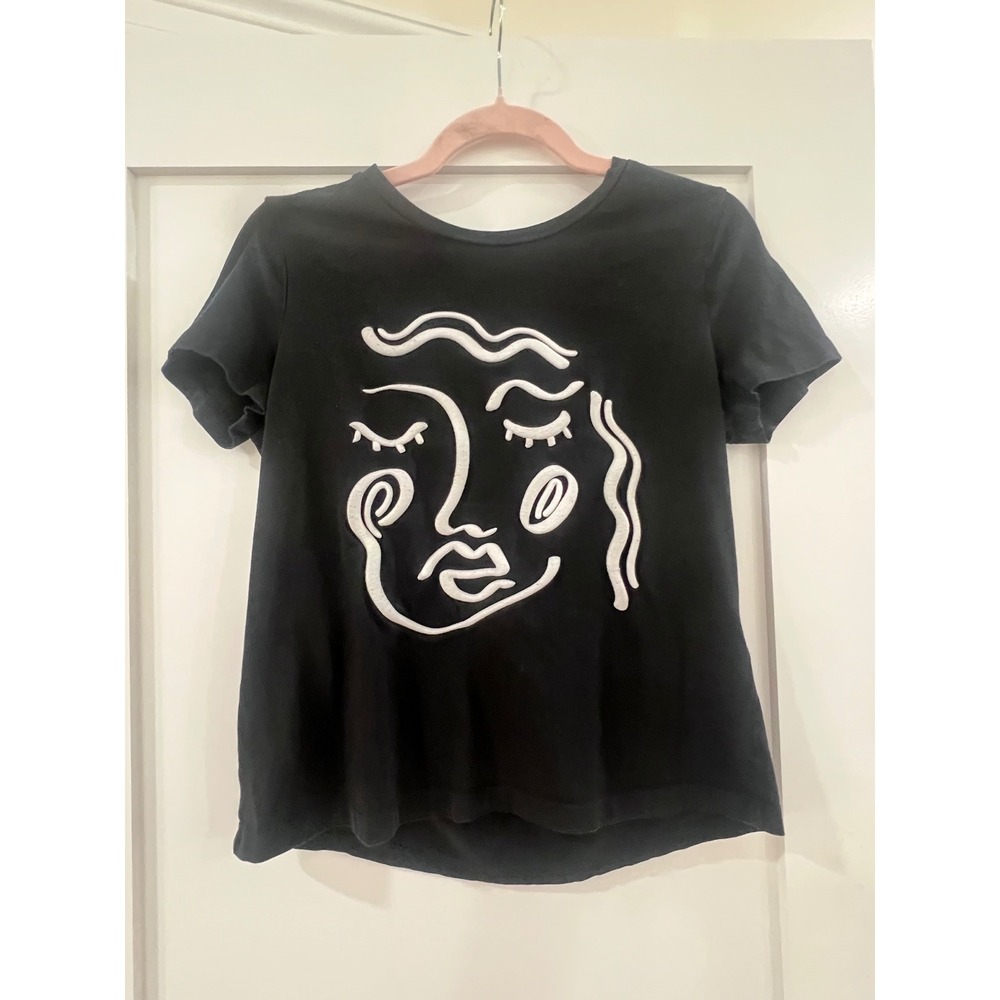 Vero Moda Womens Black Embroidered Abstract Face Graphic T-Shirt Size Small